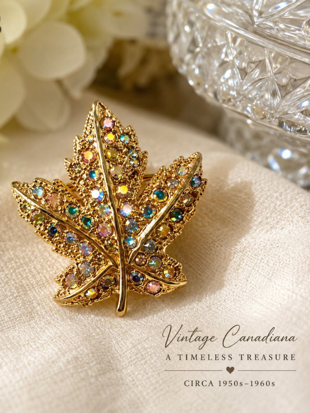 Vintage Keyes Canada Gold Tone Maple Leaf Brooch AB Rhinestones Signed